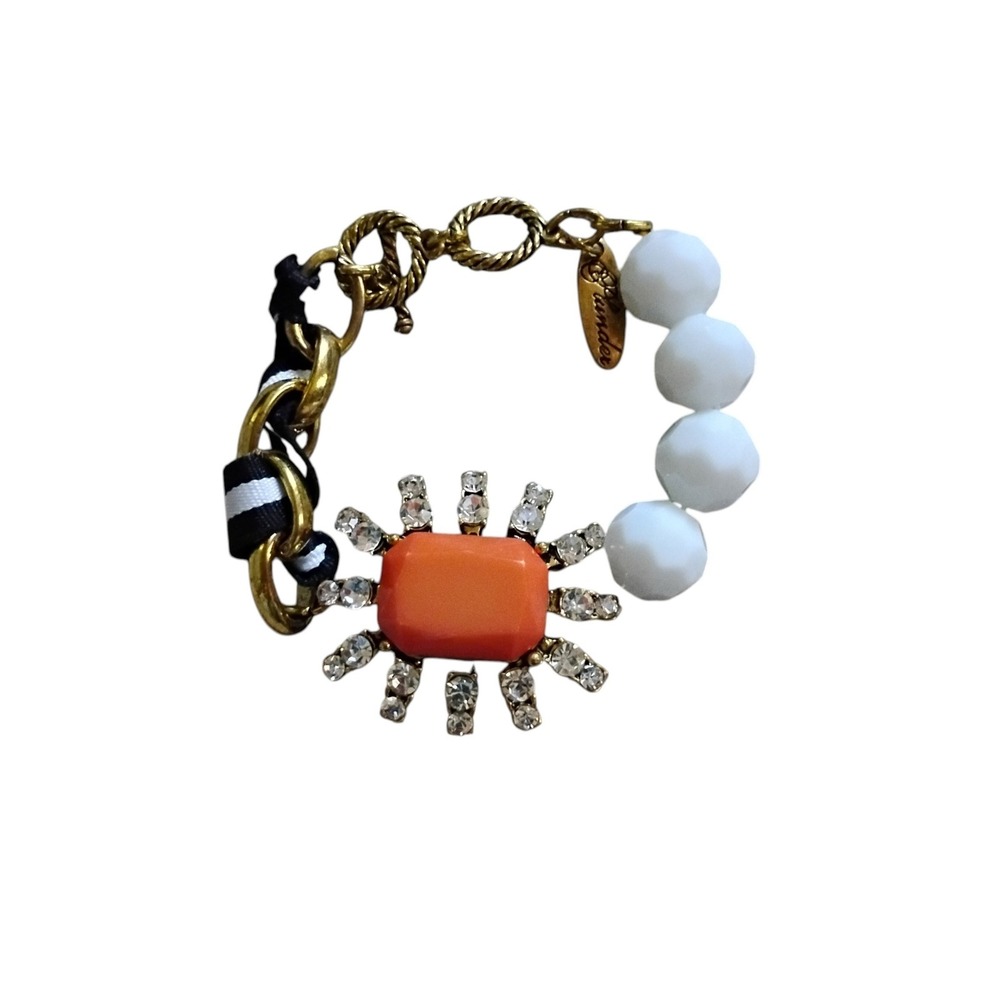 Plunder Design Mixed Media Bracelet Orange Sunburst Rhinestone White Bead Gold